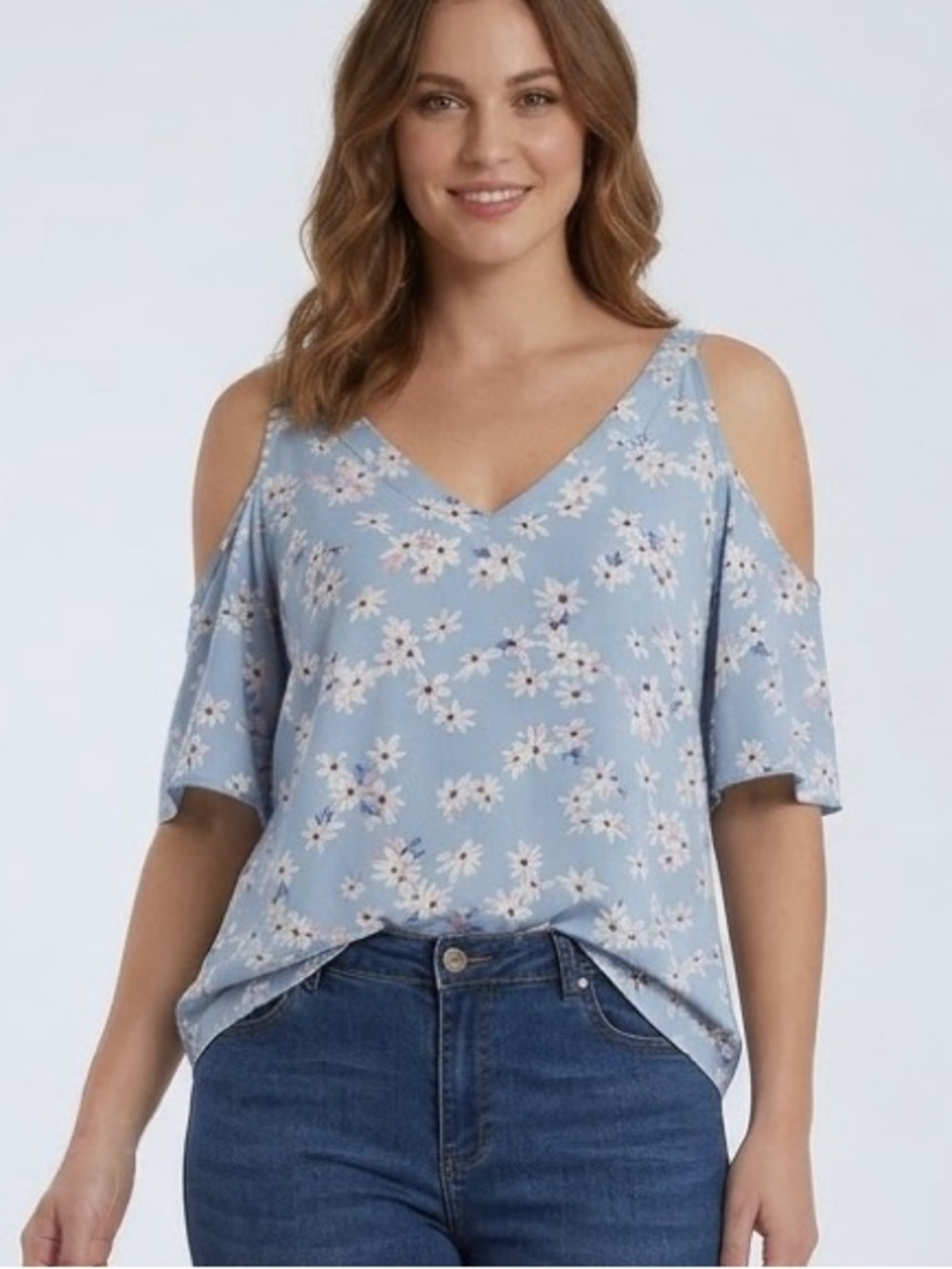 Sienna Sky Blue Daisy Floral Cold Shoulder Blouse Size Small